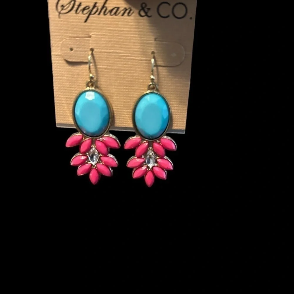 Stephan & CO. Blue, Pink, and Rhinestone Drop Earrings w/ Goldtone Medal Rim